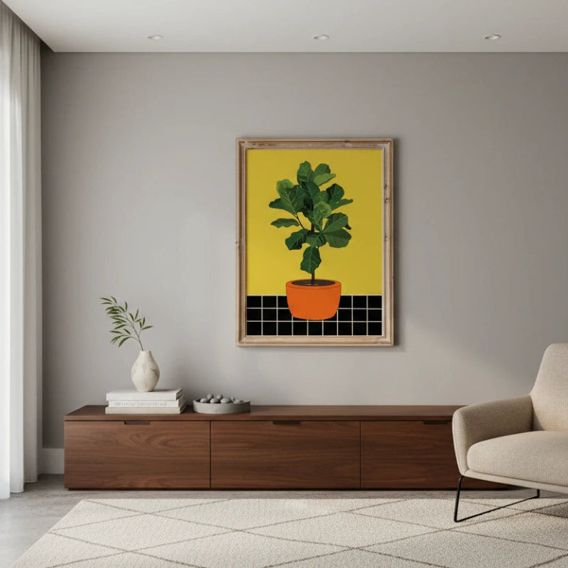 Modern living room with a plant painting on the wall, wooden cabinet, and beige armchair.