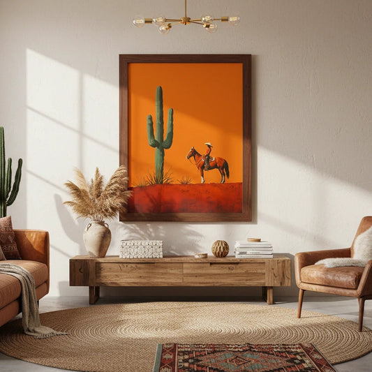 Living room with a cactus painting, brown sofa, and armchair. Canvas & Curio