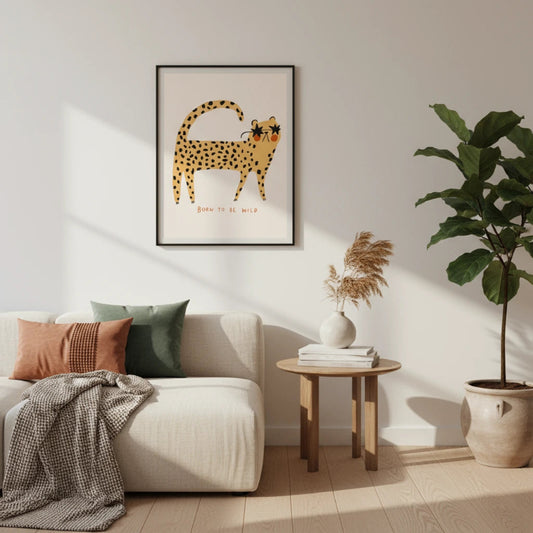 Living room with a couch, plant, and wall art Canvas & Curio