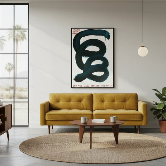 Modern living room with a yellow sofa, wooden coffee table, and abstract art on the wall. Canvas & Curio