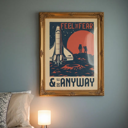 Framed poster with a rocket and text on a wall above a bed.