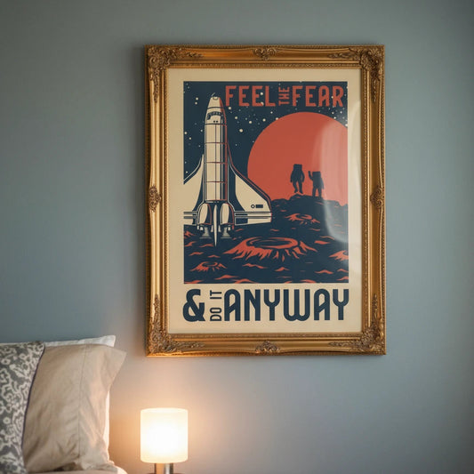 Framed poster with a rocket and text on a wall above a bed. Canvas & Curio