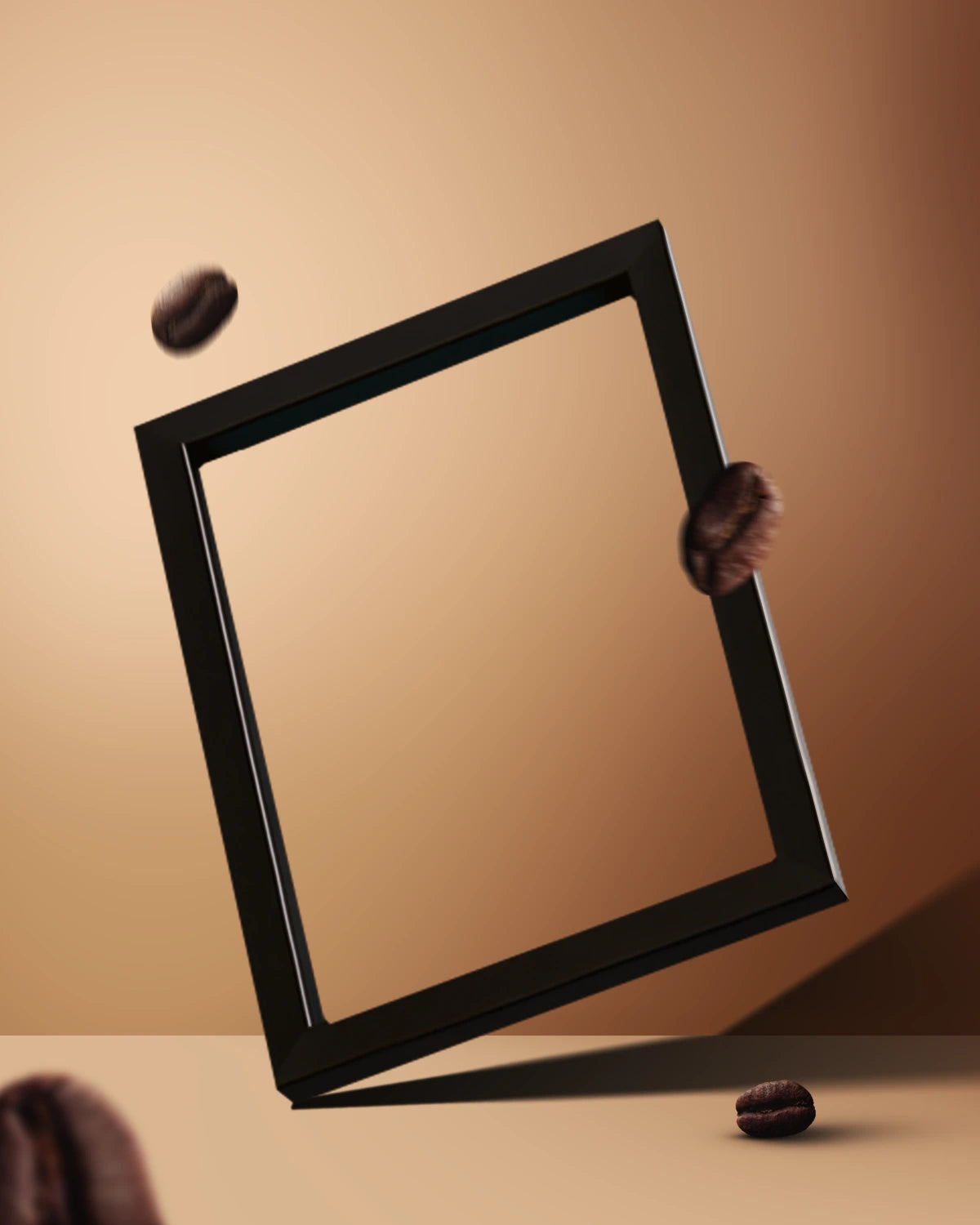 Black picture frame on a beige background with coffee beans