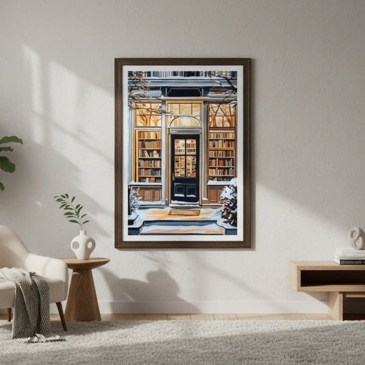 Framed artwork of a city street scene in a modern living room. Canvas & Curio