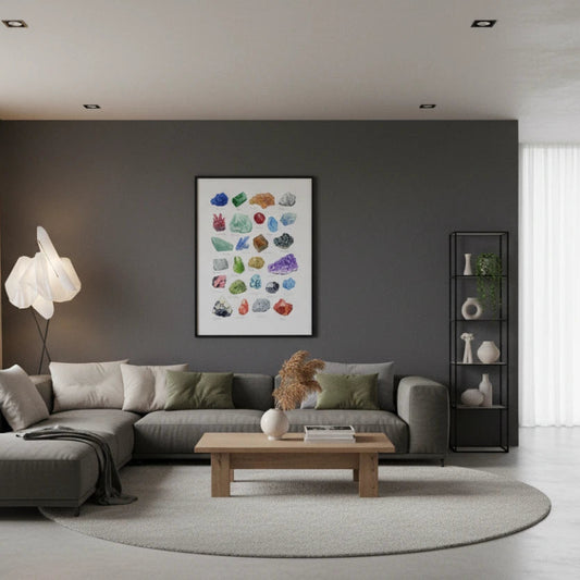 Modern living room with a gray sectional sofa, wooden coffee table, and decorative wall art. Canvas & Curio