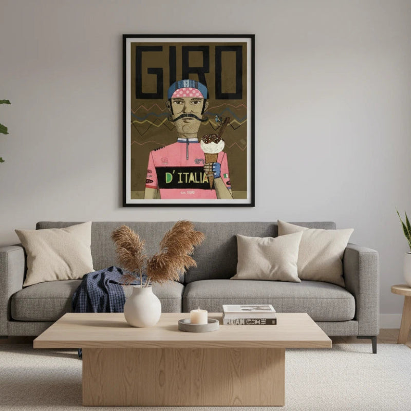 Modern living room with a gray sofa, wooden coffee table, and decorative wall art.