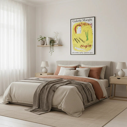 Modern bedroom with a bed, nightstands, and a wall poster.