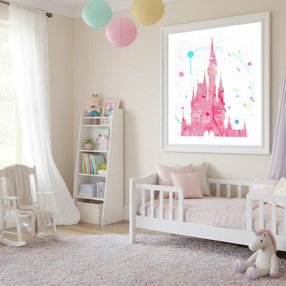 Children's bedroom with a pink castle poster on the wall, white crib, and rocking chair.