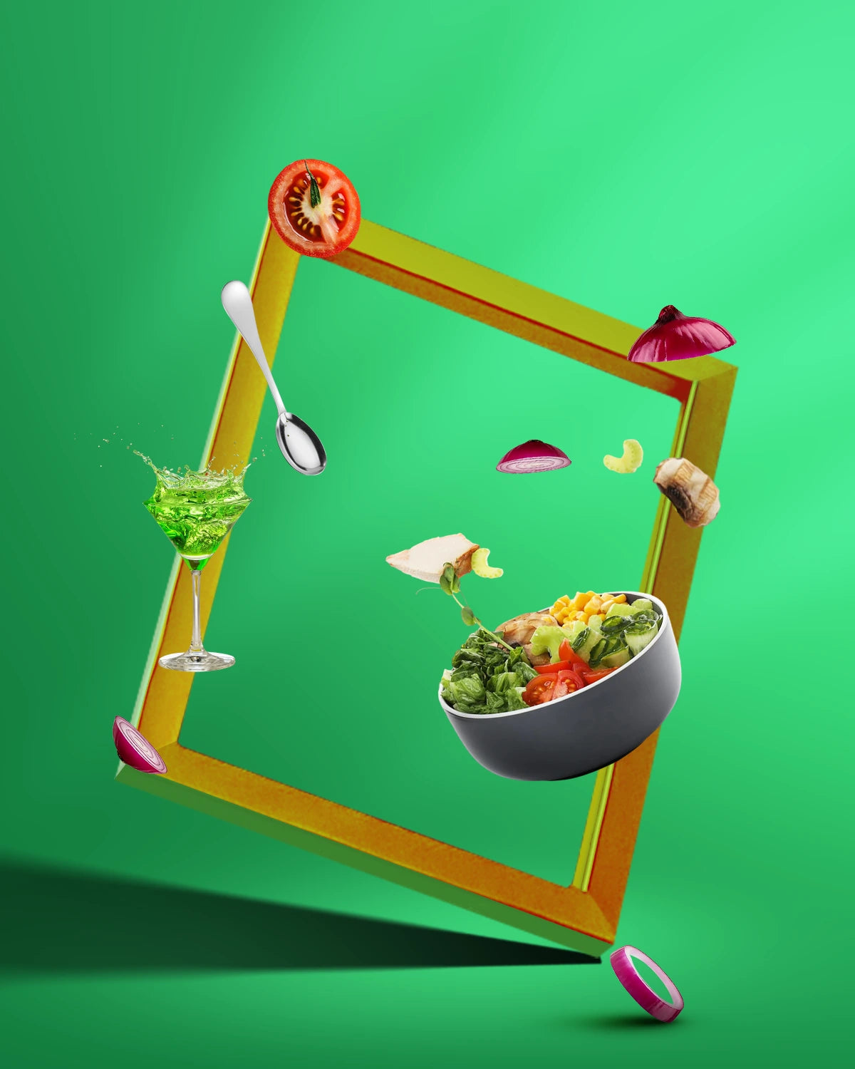Colorful food items arranged within a geometric frame on a green background