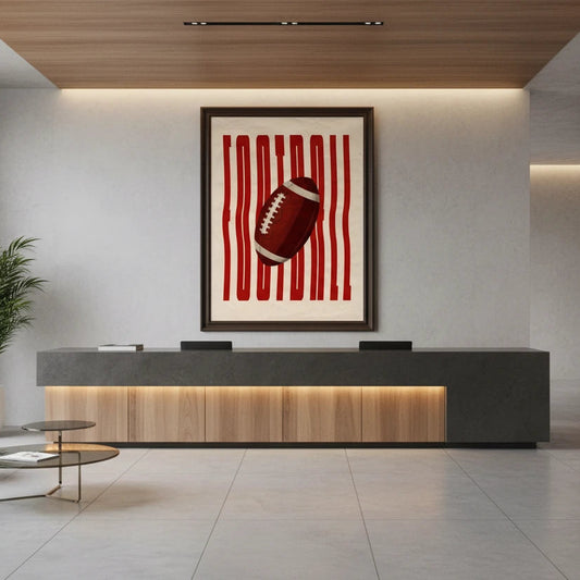 Modern office lobby with reception desk, chairs, and a decorative football artwork on the wall. Canvas & Curio