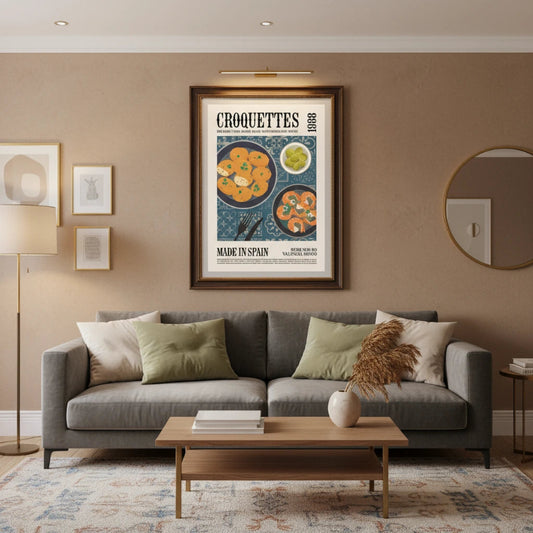 Living room with a gray sofa, wooden coffee table, and framed poster on the wall. Canvas & Curio