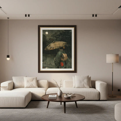 Modern living room with a white sofa, round coffee table, and framed artwork on the wall.