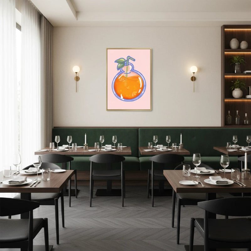 Modern restaurant interior with tables, chairs, and a decorative wall art piece.