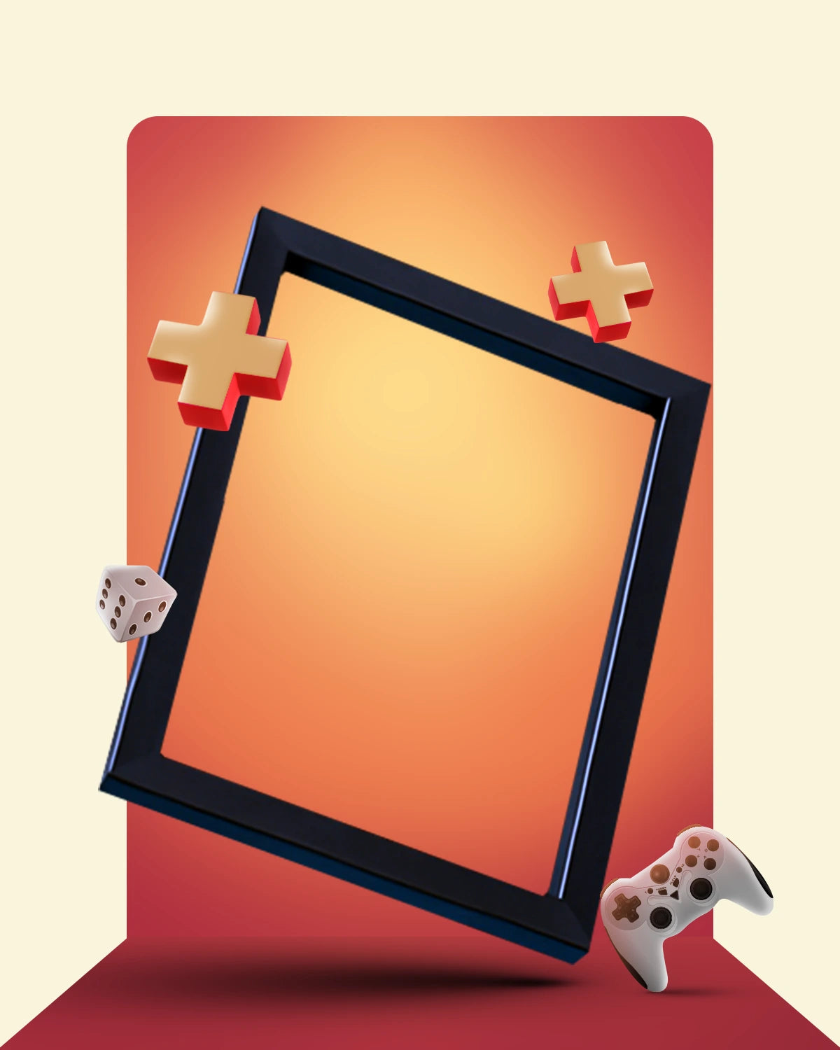 Black frame with gaming controller symbols on a gradient background