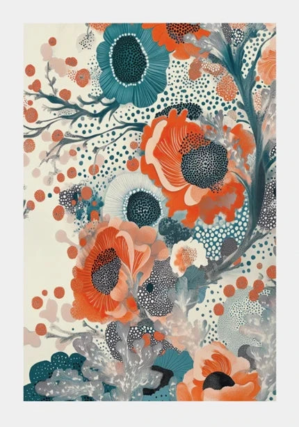 Colorful floral pattern with orange, blue, and gray flowers on a beige background