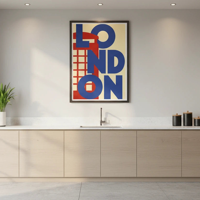 Modern kitchen with 'London' artwork on the wall