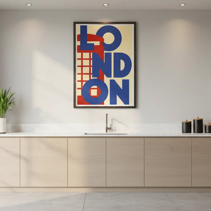 Modern kitchen with 'London' artwork on the wall
