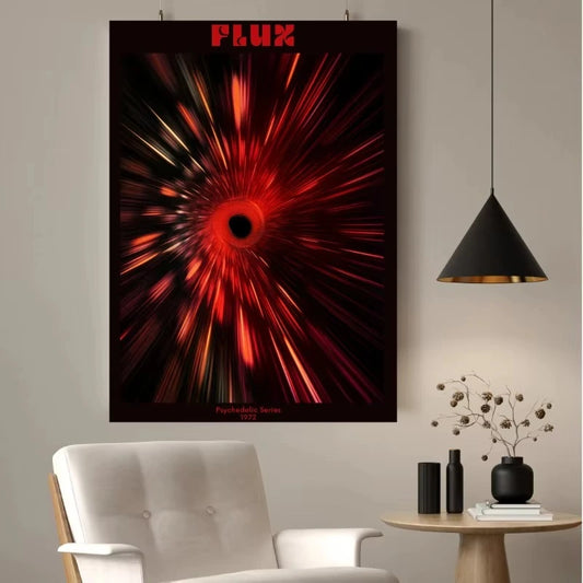 Abstract red and black artwork with 'FLUX' on a wall above a white chair and small table. Canvas & Curio