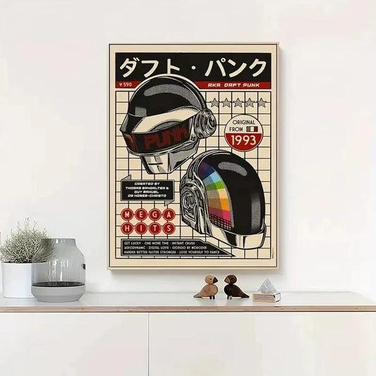 Framed poster of Daft Punk helmets on a wall above a shelf with decorative items. Canvas & Curio
