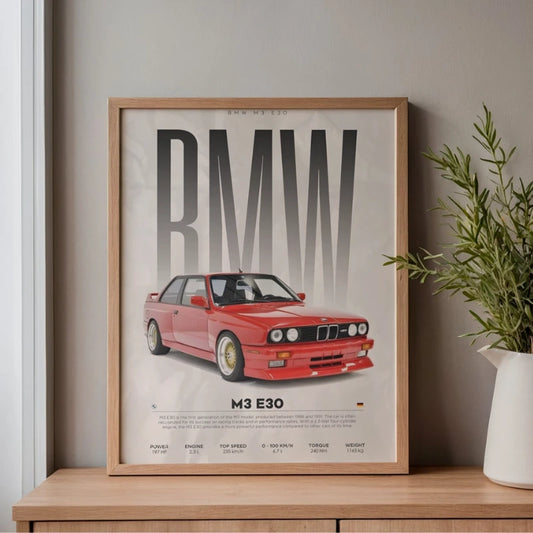 Framed poster of a red BMW M3 E30 on a wooden shelf with a plant in the background. Canvas & Curio