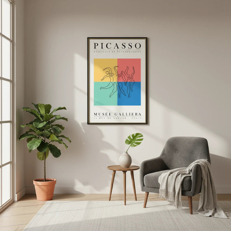 Living room with a gray armchair, plant, and Picasso poster on the wall.