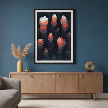 Living room with a gray sofa, wooden cabinet, and abstract art on the wall.