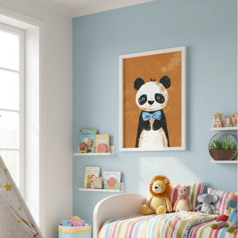 Children's bedroom with a panda poster on the wall, colorful bedding, and toys.