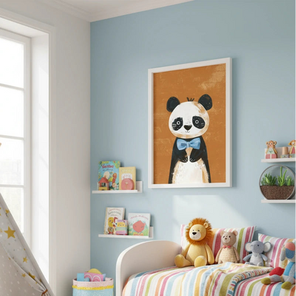Children's bedroom with a panda poster on the wall, colorful bedding, and toys.
