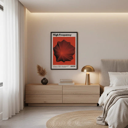 Modern bedroom with a bed, nightstands, and a wall poster.