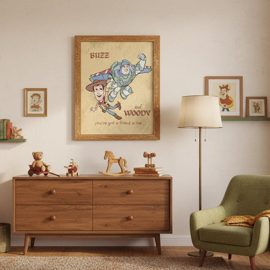 Nursery room with wooden dresser, green chair, and framed picture of Buzz and Woody. Canvas & Curio