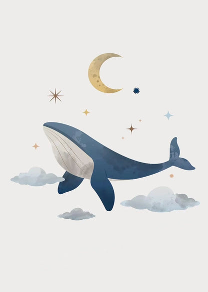 Illustration of a whale floating among clouds and stars on a light gray background