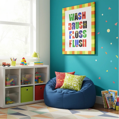Children's playroom with colorful decor, furniture, and toys.