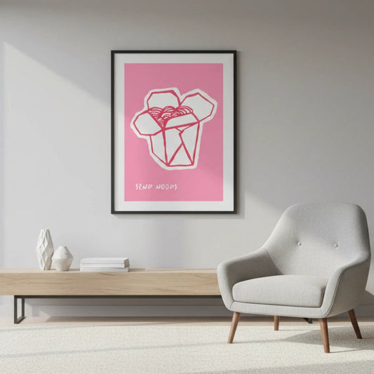 Modern living room with a pink framed artwork on the wall Canvas & Curio