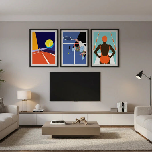 Modern living room with artwork on the wall and a television. Canvas & Curio