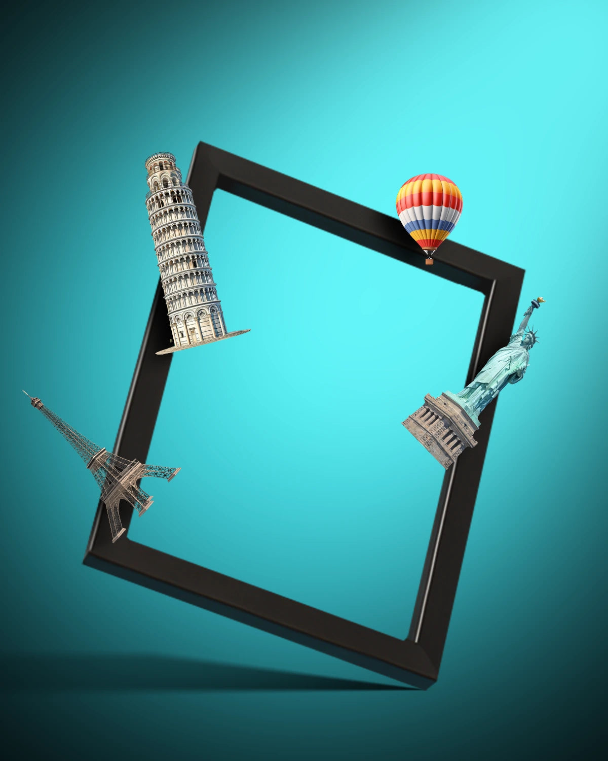 Framed picture with Leaning Tower of Pisa, Statue of Liberty, Eiffel Tower, and hot air balloon on a teal background
