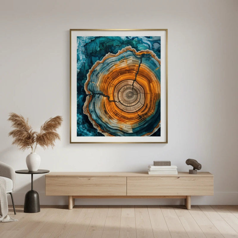 Modern living room with a large abstract art piece on the wall.