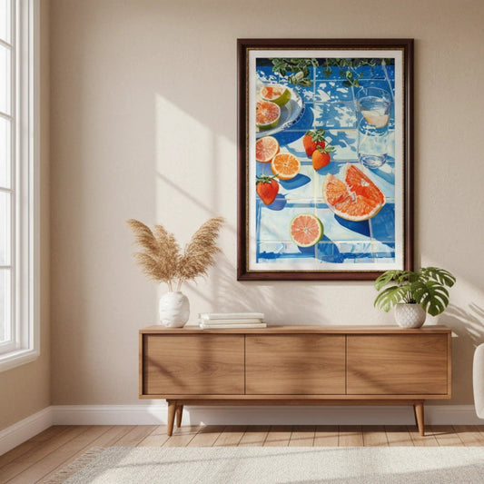 Living room with a colorful abstract painting, wooden sideboard, and white armchair. Canvas & Curio