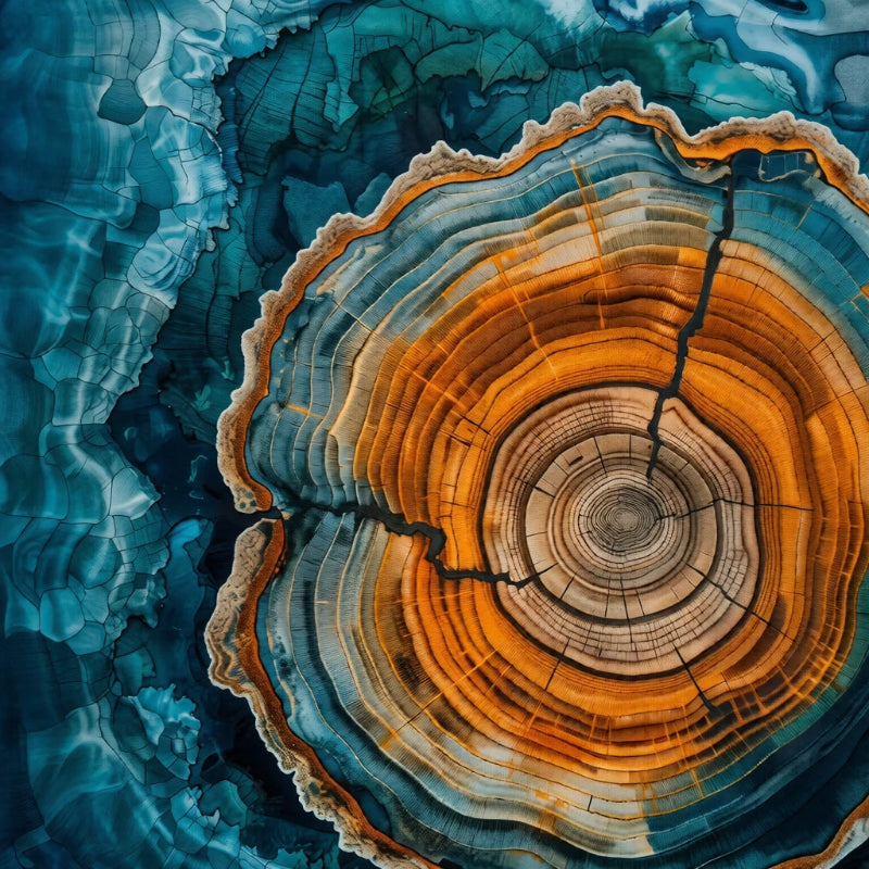Close-up of a tree stump with concentric rings against a blue and orange abstract background