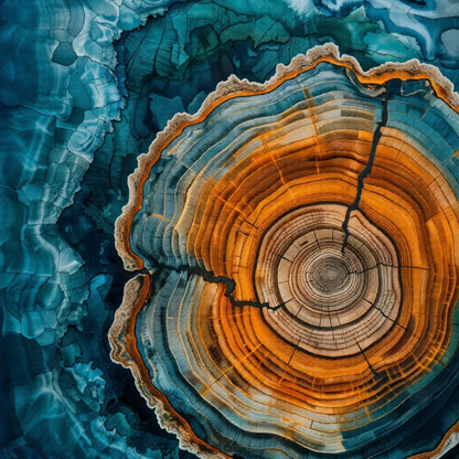 Close-up of a tree stump with concentric rings against a blue and orange abstract background