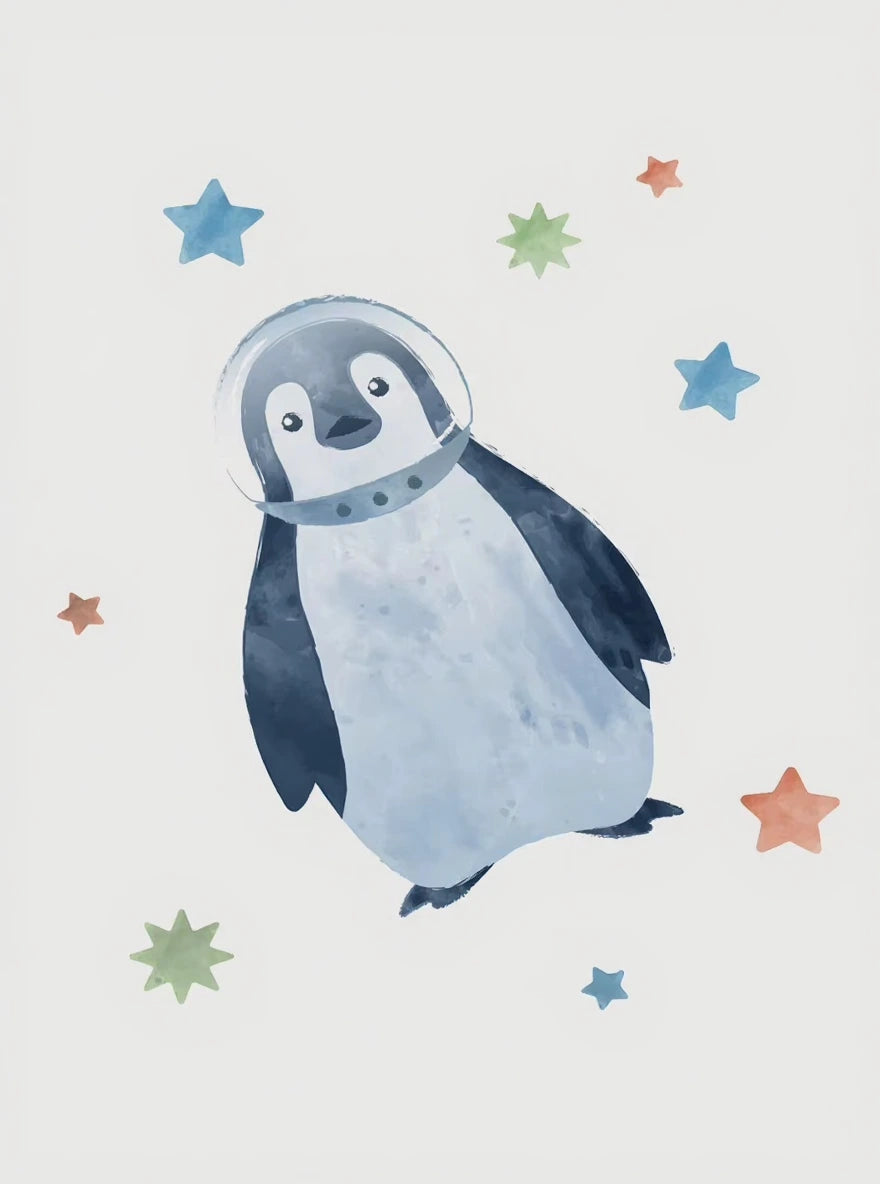 Illustration of a penguin with stars on a light gray background