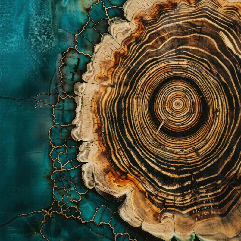 Close-up of a tree stump with concentric rings on a teal background