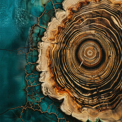 Close-up of a tree stump with concentric rings on a teal background