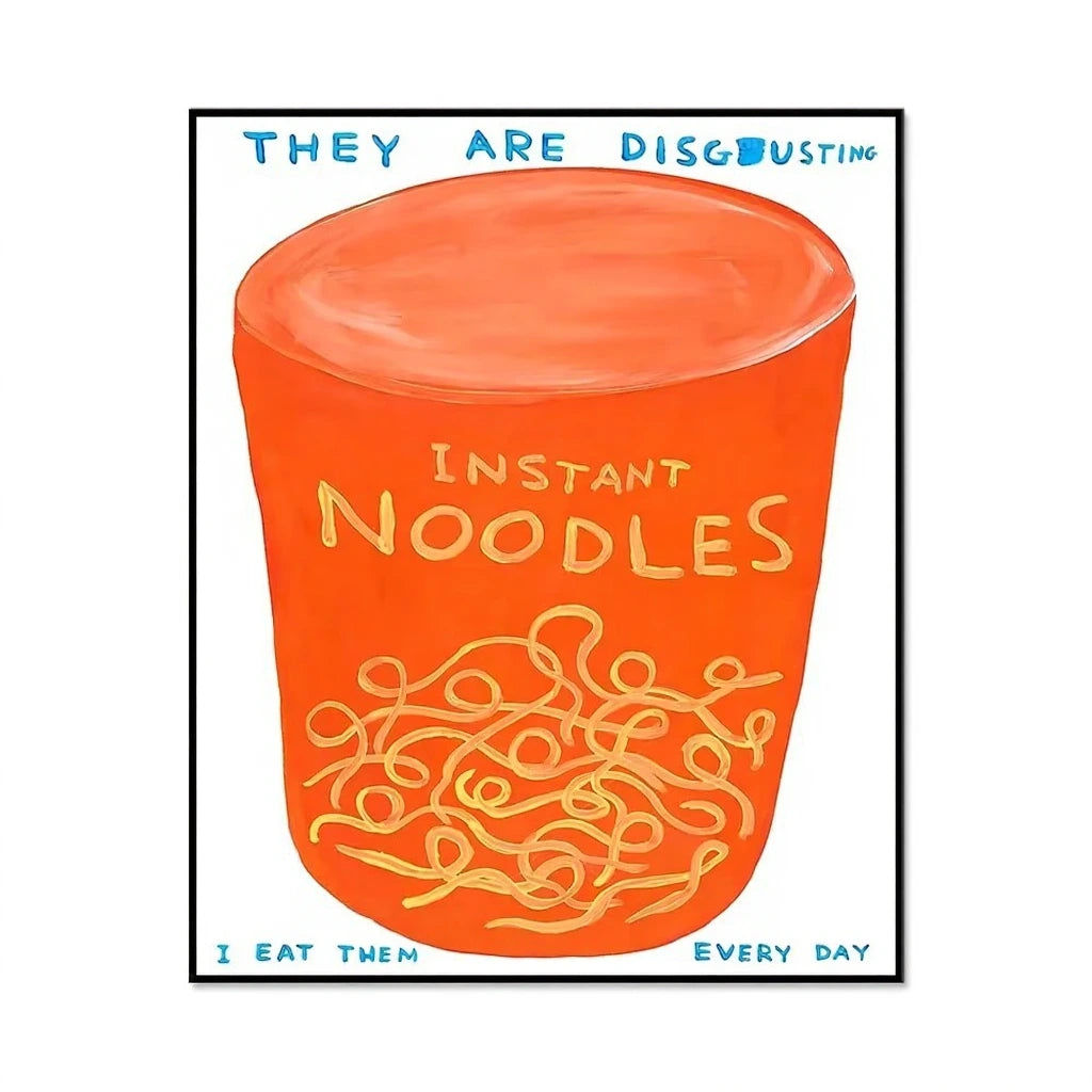 Illustration of an orange cup labeled 'Instant Noodles' with text above and below.