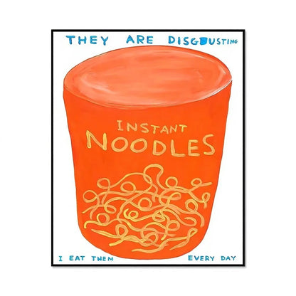 Illustration of an orange cup labeled 'Instant Noodles' with text above and below.