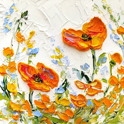 Artistic depiction of orange flowers on a textured white background