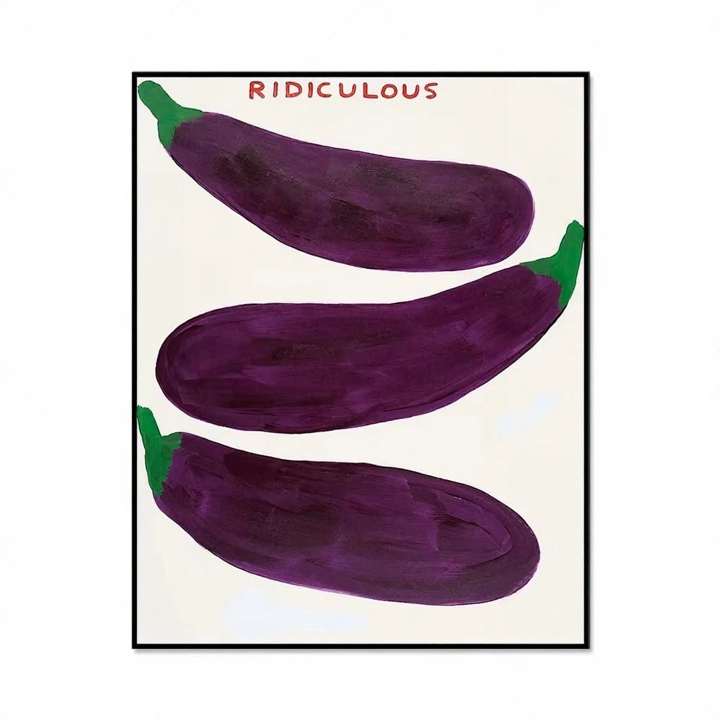 Three purple eggplants with green stems on a beige background, labeled 'Ridiculous'.