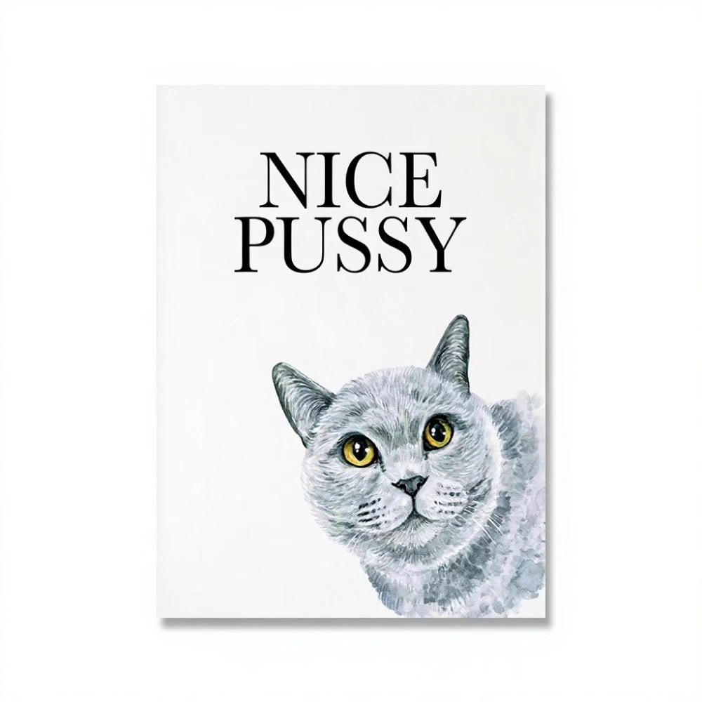 Cat illustration with 'Nice Pussy' text on a white background