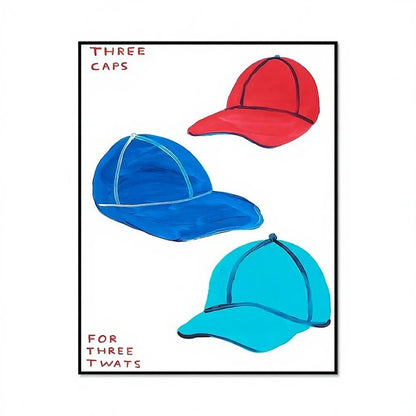 Three caps in red, blue, and turquoise with humorous text on a white background.
