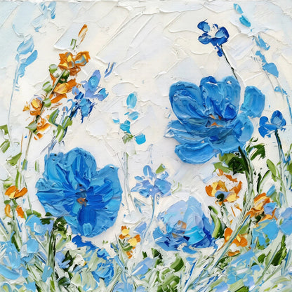 Painting of blue flowers with green leaves on a textured white background
