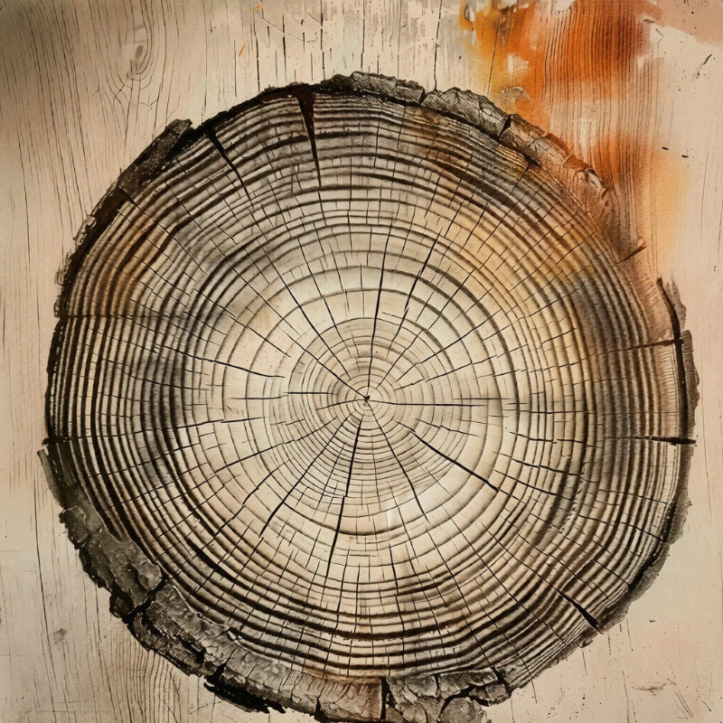 Cross-section of a tree trunk showing annual rings on a wooden background
